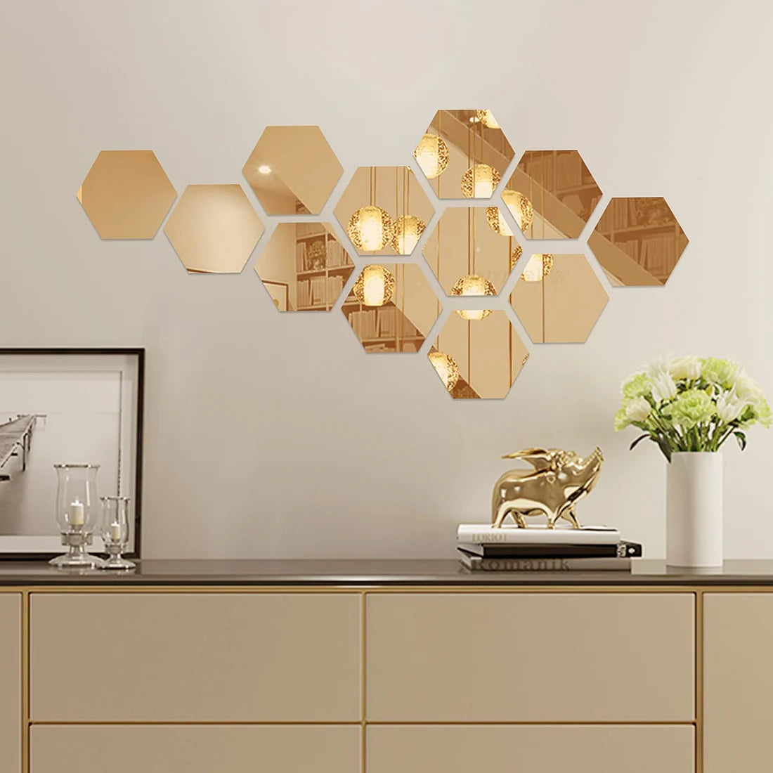 Set Of 12 Gold Hexagon Acrylic Mirror Wall Stickers (4X4 Inch)