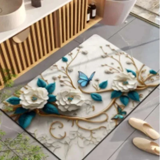 Blue Flower Printed Floor Mat – Decorative Anti-Slip Mat for Everyday Use