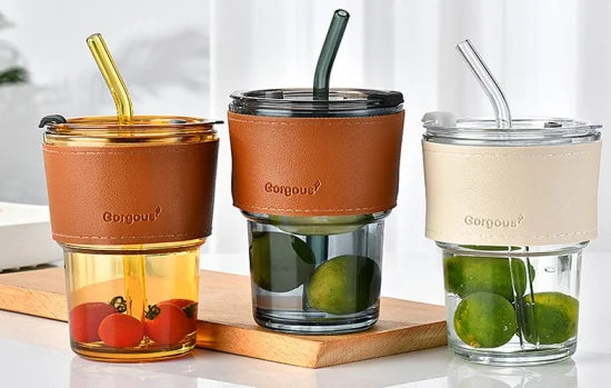 Premium Glass Cup with Leather Cover, Straw, & Lid
