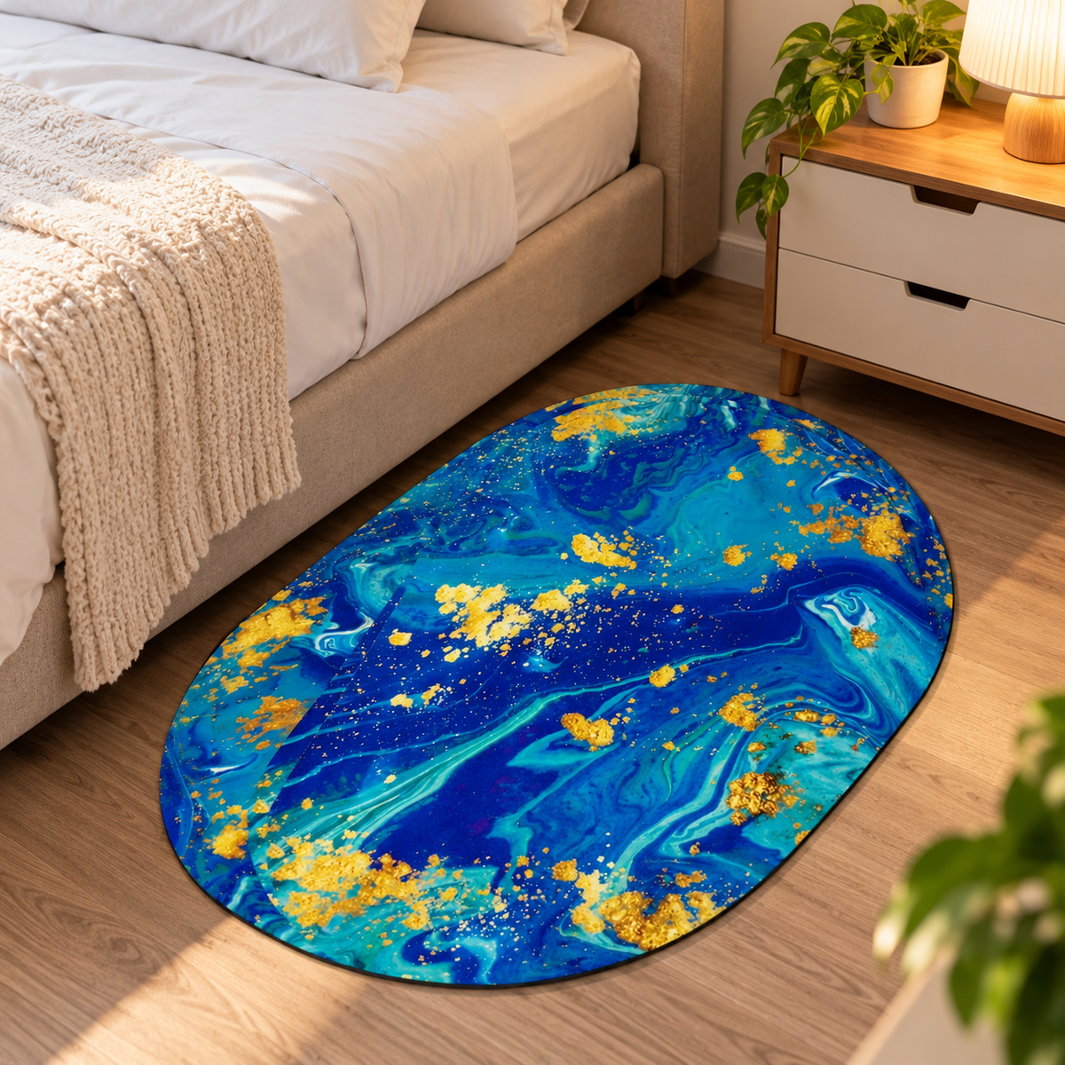 Blue & Gold Marble Oval Floor Mat Modern Decorative Rug (22x15Inch)