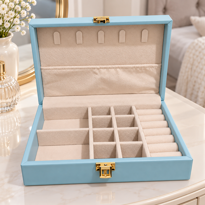1. Elegant Jewelry Organizer Case – Blue Box with Multiple Compartments