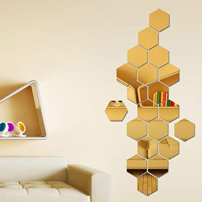 Set Of 12 Gold Hexagon Acrylic Mirror Wall Stickers (4X4 Inch)