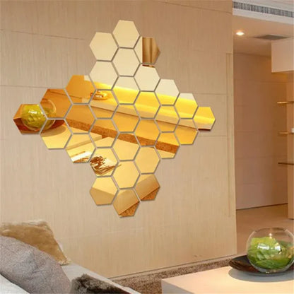 Set Of 12 Gold Hexagon Acrylic Mirror Wall Stickers (4X4 Inch)