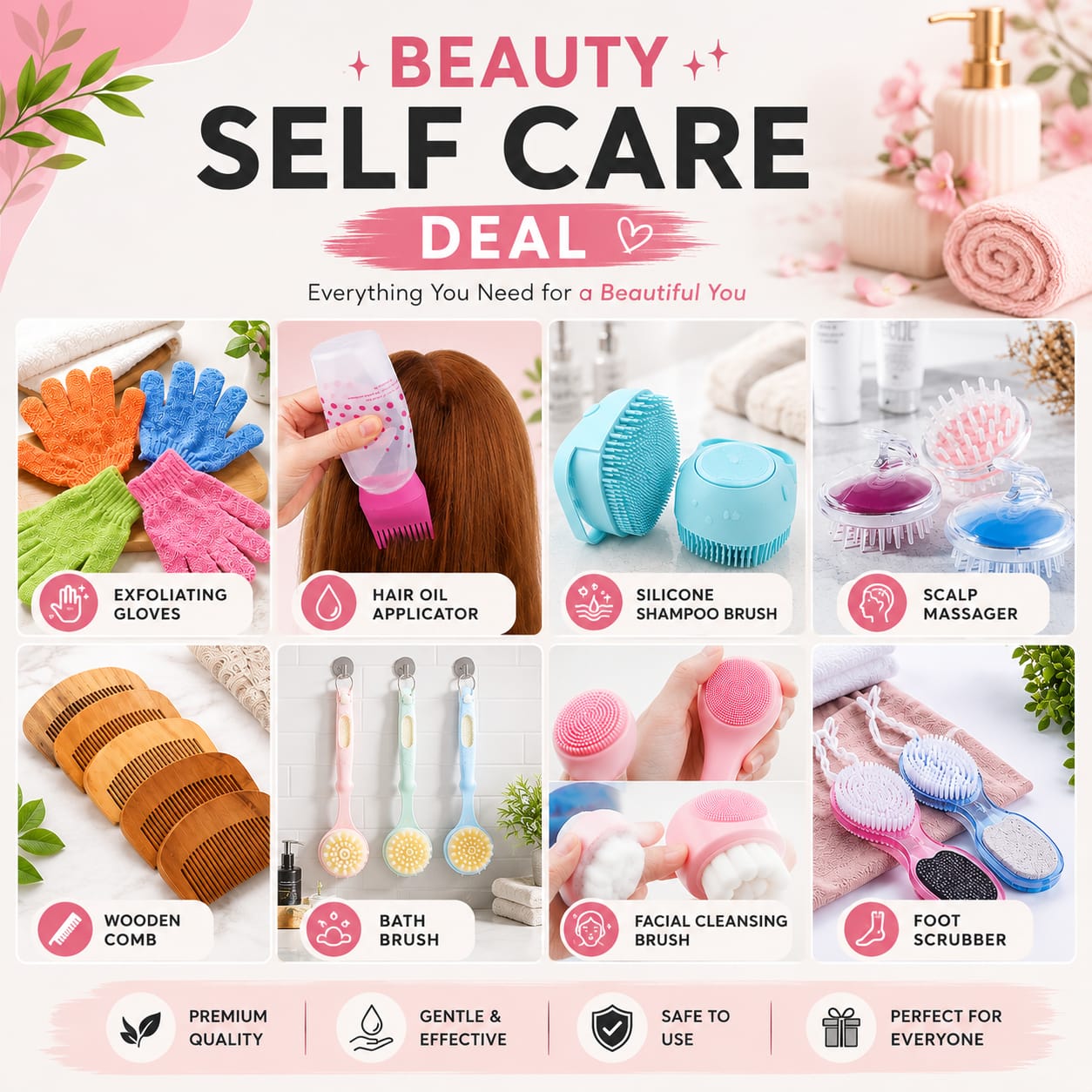 8 In 1 Self Care Deal ( Hair Care+ Facial Cleansing +Body Exfoliation & Foot Care Accessories)