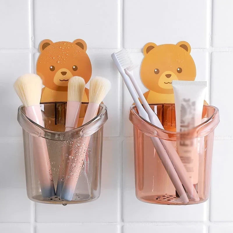 Bear Toothbrush Holder With Cup Wall Mounted Toothpaste Organizer