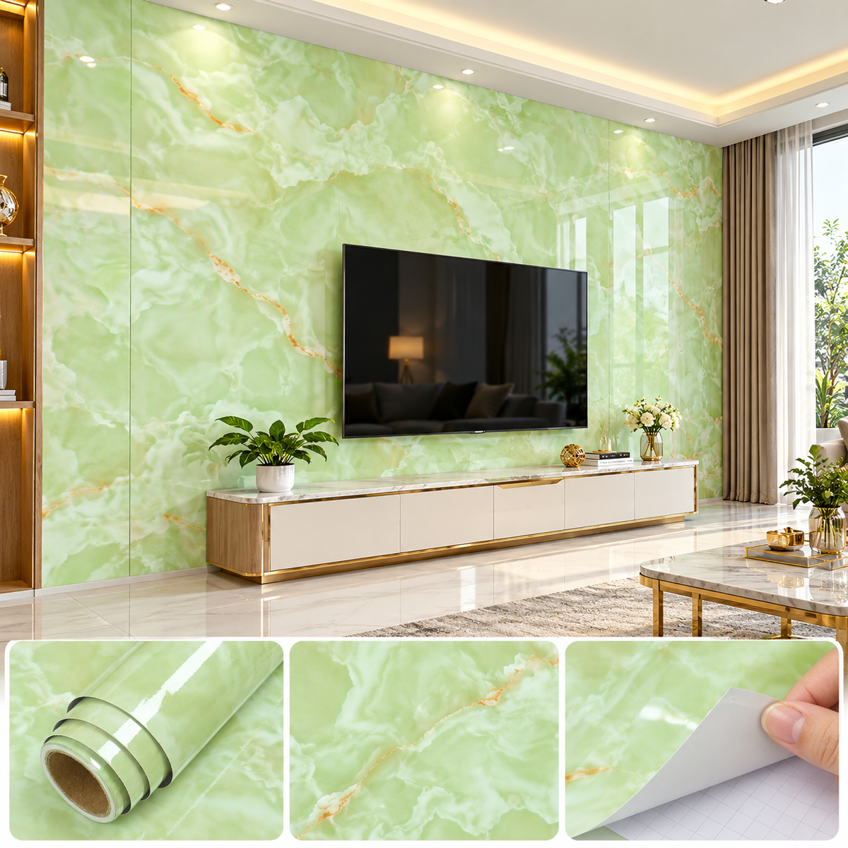 Light Green Marble Vinyl Sticker Decorative Wall Covering (60cm x 200cm)