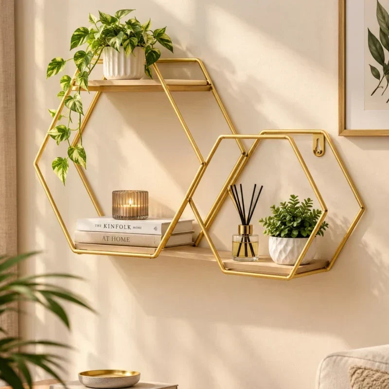 Geometric Hexagonal Wall Rack – Stylish Wooden Display Shelf