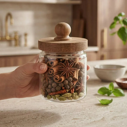 Glass Kitchen Canister with Wooden Cap – Stylish Storage Jar