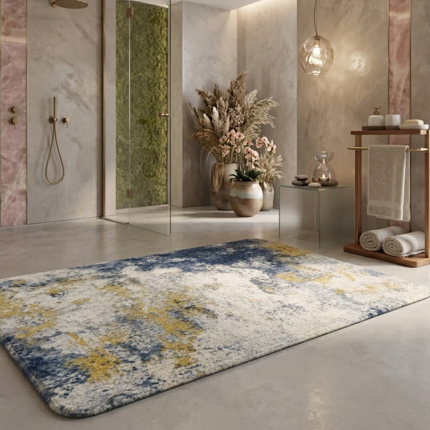 Luxury Abstract Bath Mat – Stylish Blue & Gold Bathroom Floor Rug
