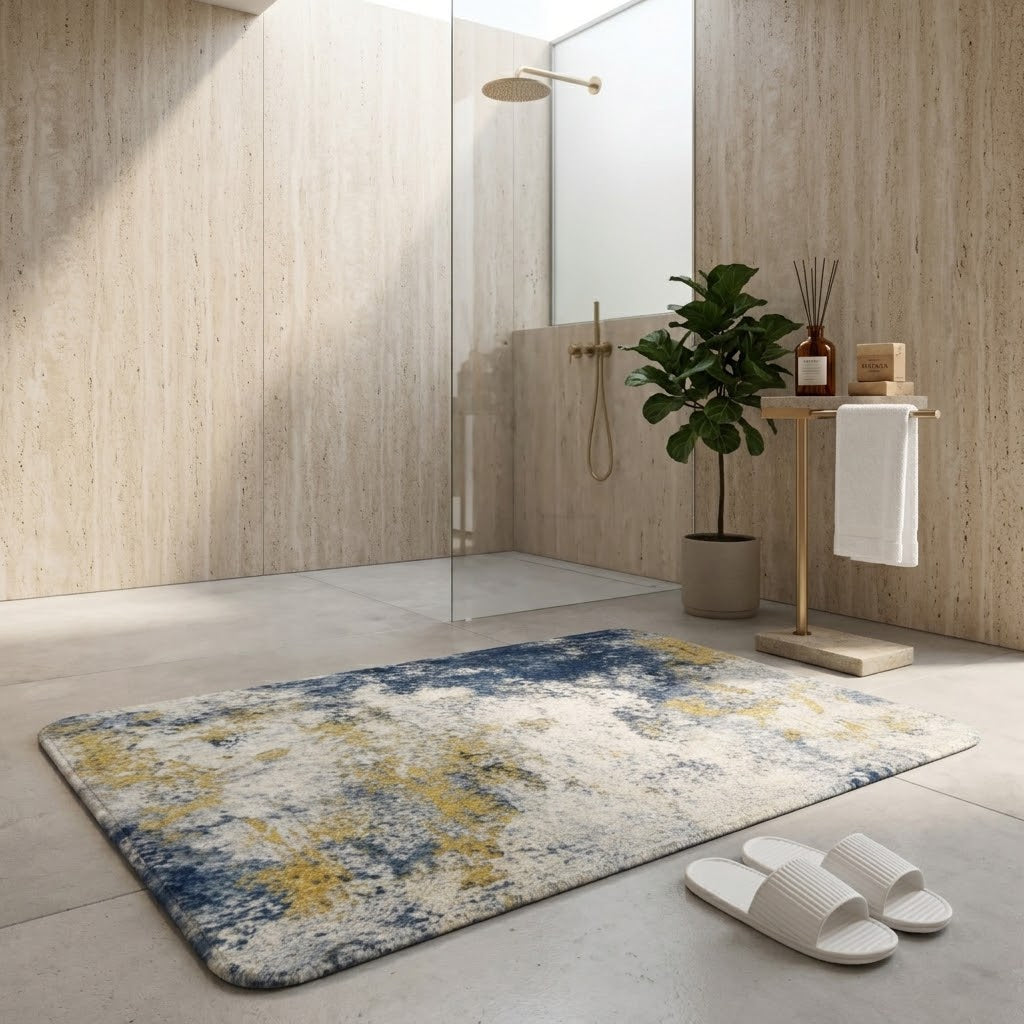 Luxury Abstract Bath Mat – Stylish Blue & Gold Bathroom Floor Rug