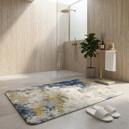 Luxury Abstract Bath Mat – Stylish Blue & Gold Bathroom Floor Rug