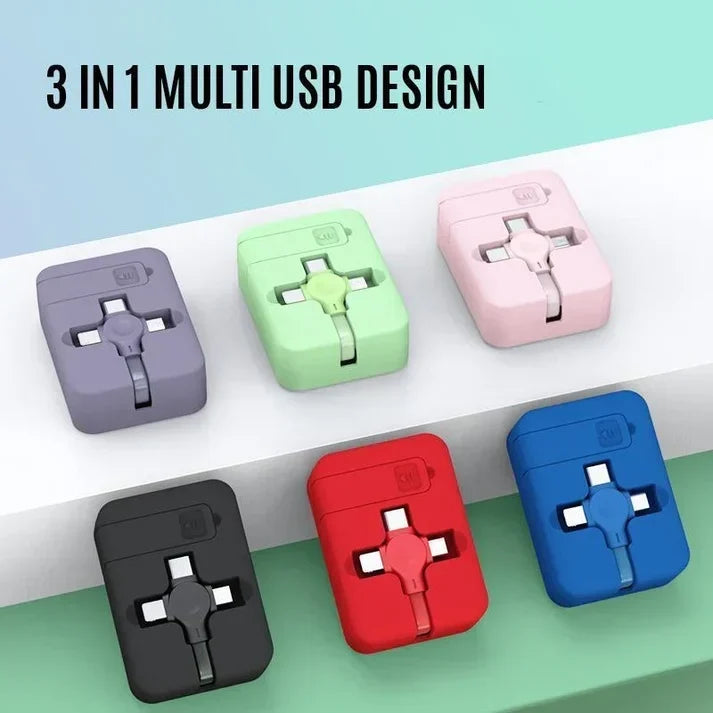 3 In 1 Retractable Charger Compact Multi Device Charging Box