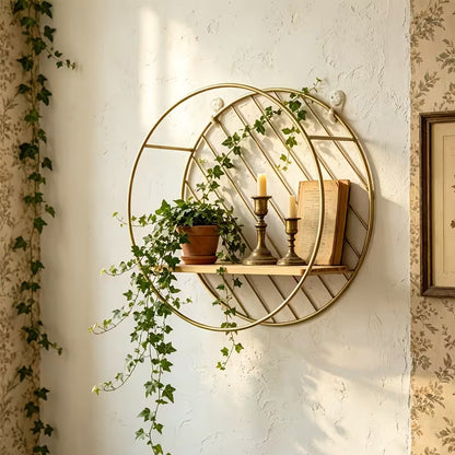 Round Gold Wall Shelf with Wood Shelf – Stylish Home Organizer