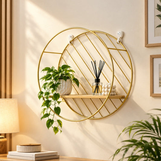 Round Gold Wall Shelf with Wood Shelf – Stylish Home Organizer