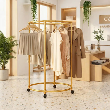 Round Metal Clothes Rack with Wheels – 360° Rotating Garment Stand
