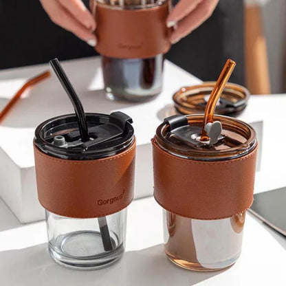 Premium Glass Cup with Leather Cover, Straw, & Lid