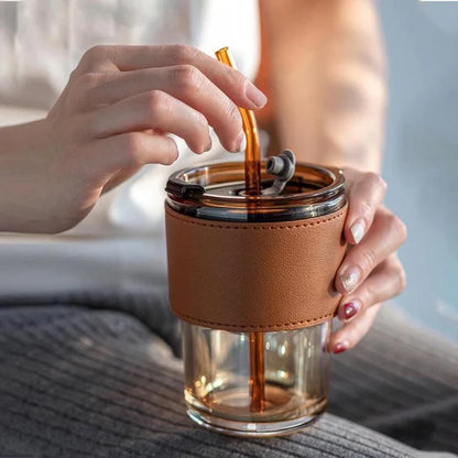 Premium Glass Cup with Leather Cover, Straw, & Lid