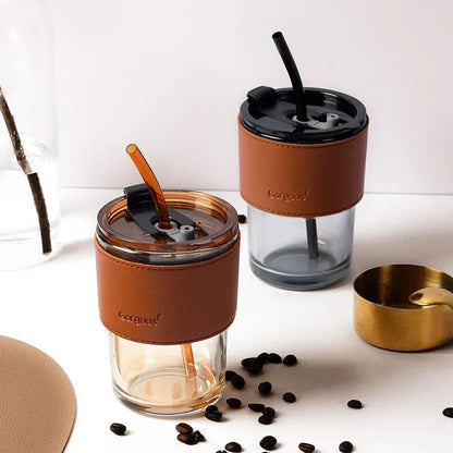 Premium Glass Cup with Leather Cover, Straw, & Lid