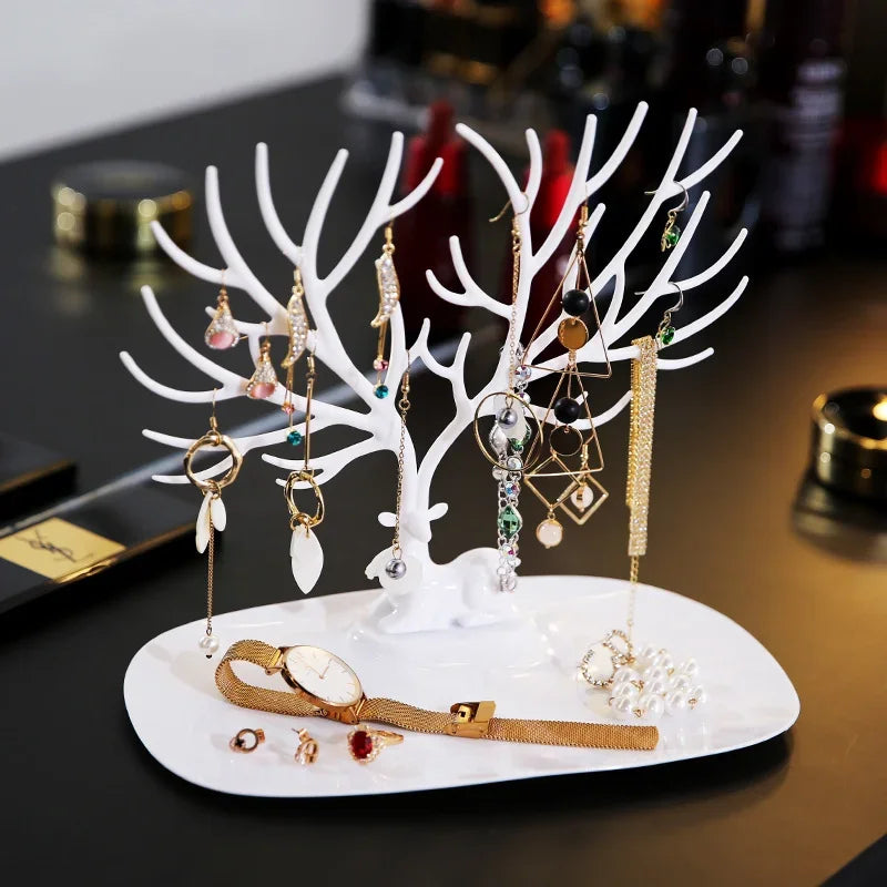 Stylish Deer Sculpture Jewelry Rack With Base Tray
