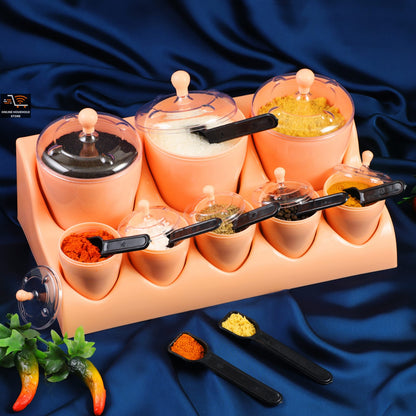 8 Piece Spice Jar Set With Stand & Spoons Kitchen Organizer