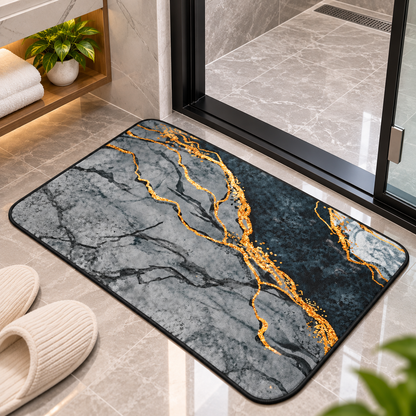 Abstract Marble Floor Mat Elegant Grey & Gold Design (22x15Inch)