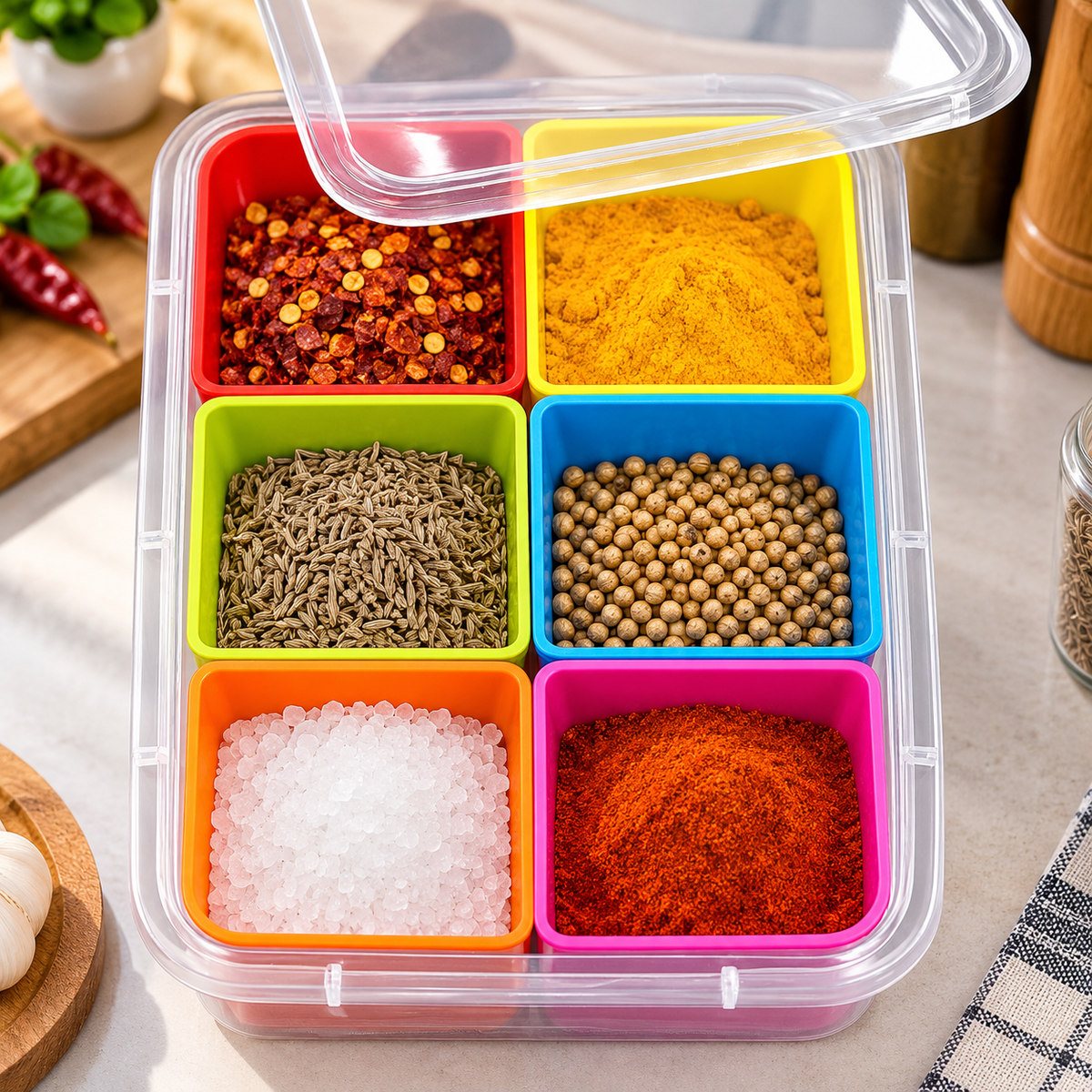 Multipurpose Spice Storage Box With 6 Compartments